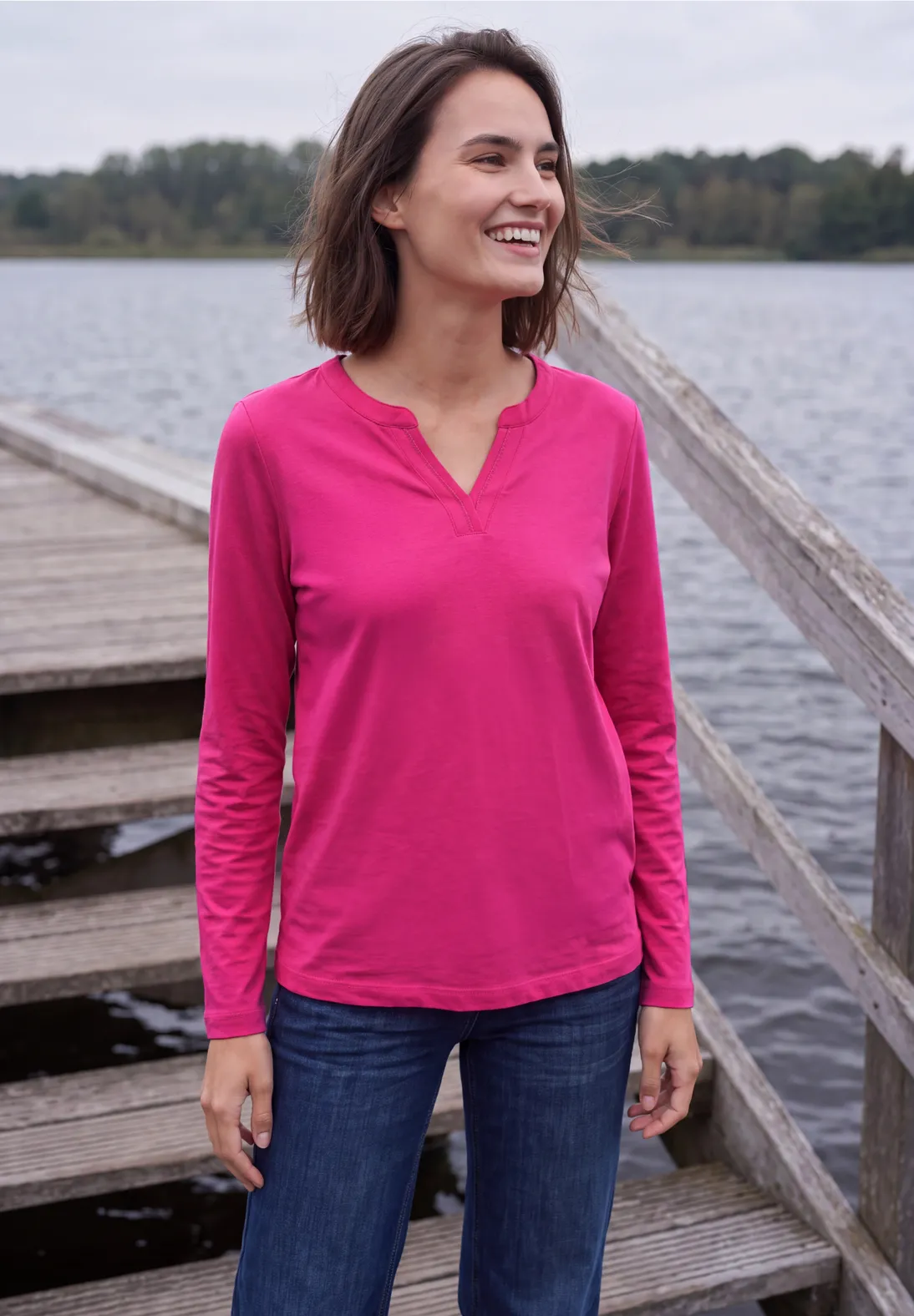 Cecil Shirt met Split Hals - Pink Flash