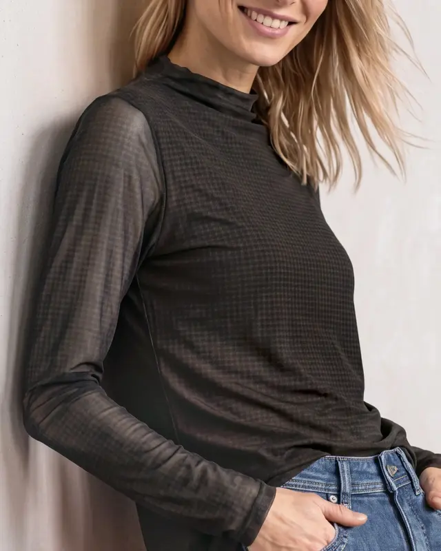 Street One Mesh Shirt met Col - Black Coffee