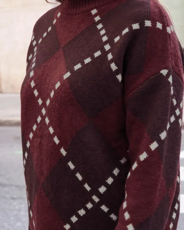 Street One Studio Jumper with Argyle Print - Russet Red