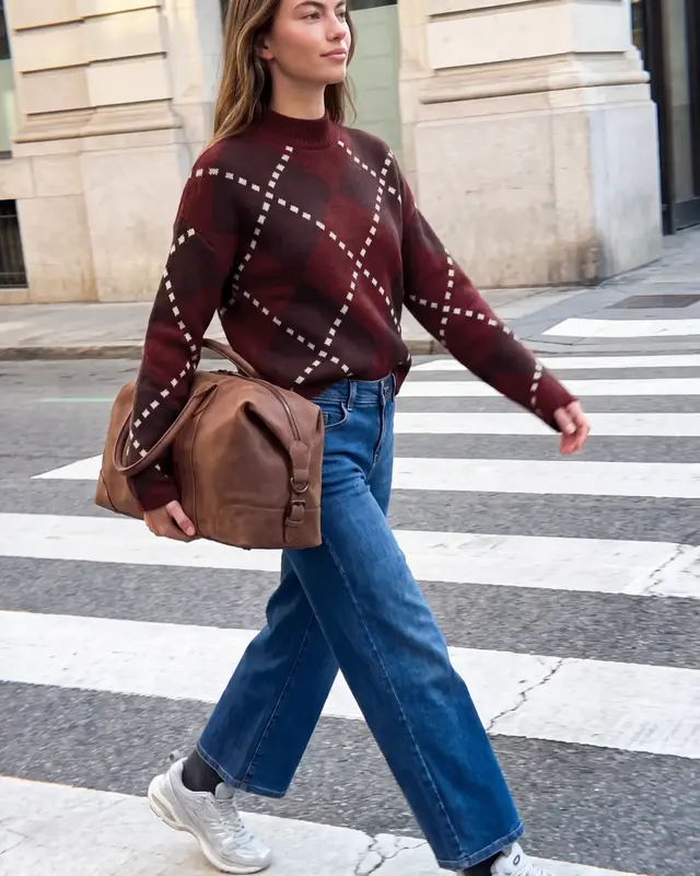 Street One Studio Jumper with Argyle Print - Russet Red