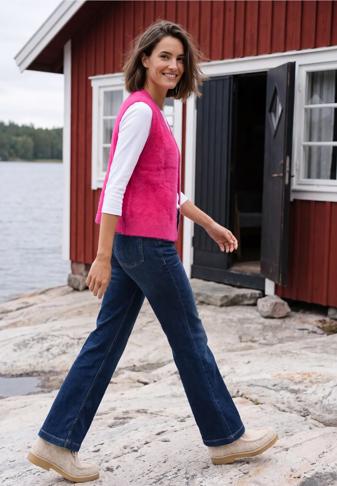Cecil Open Cardigan, Feather Yarn - Pink Flash