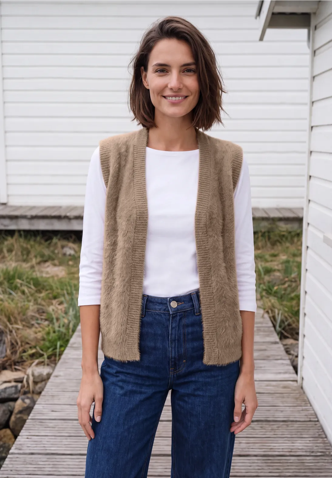 Cecil Open Cardigan, Feather Yarn - Creamy Mocha