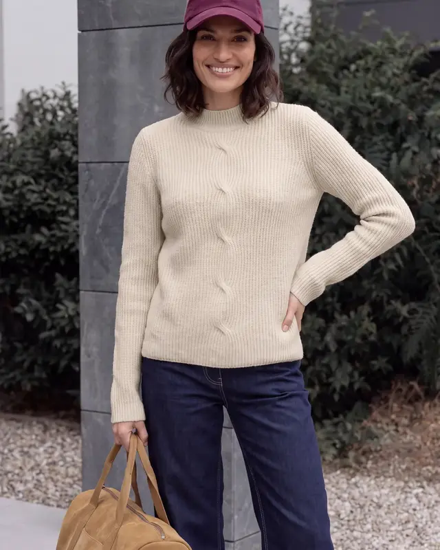 Cecil Trui met Col en Vlechtmotief - Oat Milk Beige Melange