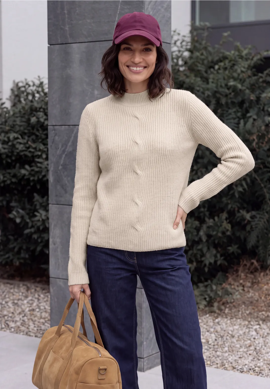 Cecil Trui met Col en Vlechtmotief - Oat Milk Beige Melange