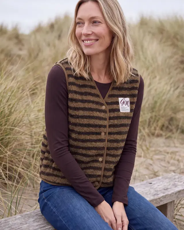 Cecil Teddy Vest with Stripes - Creamy Mocha