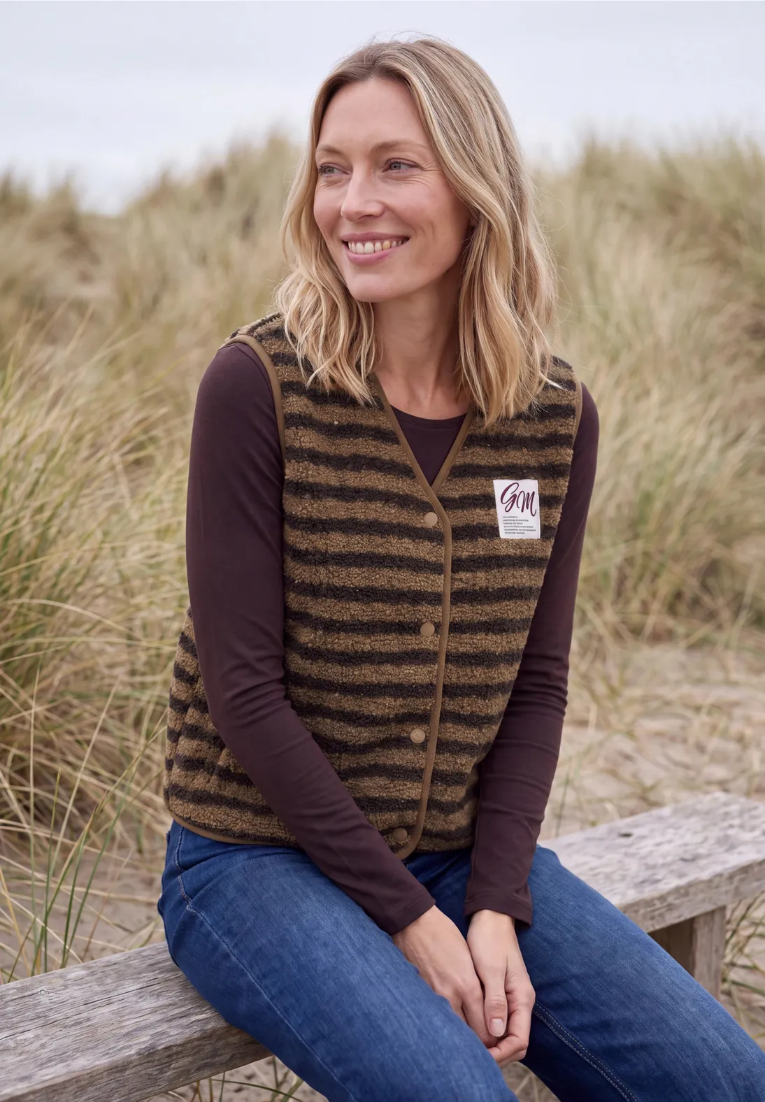 Cecil Teddy Vest with Stripes - Creamy Mocha