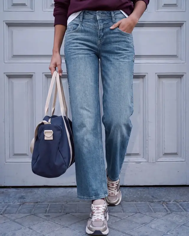 Street One Studio Wide Leg Jeans with Studs Luca - Mid Blue Authentic Washed