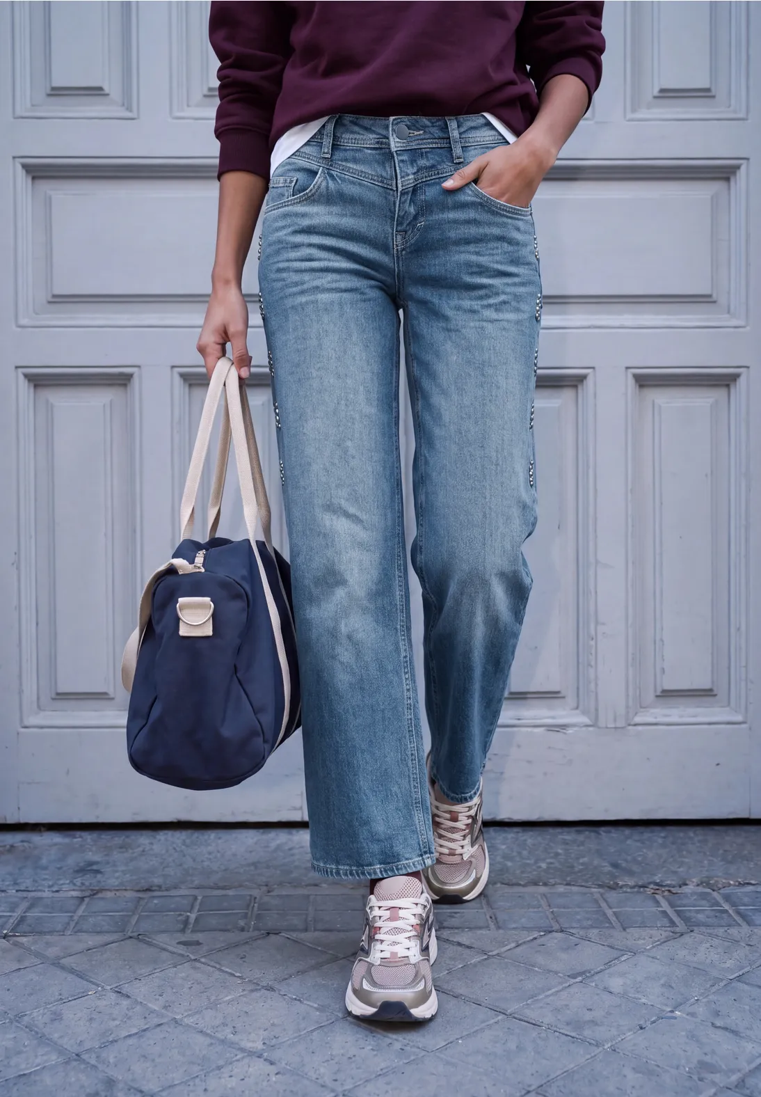 Street One Studio Wide Leg Jeans mit Nieten Luca - Mid Blue Authentic Washed