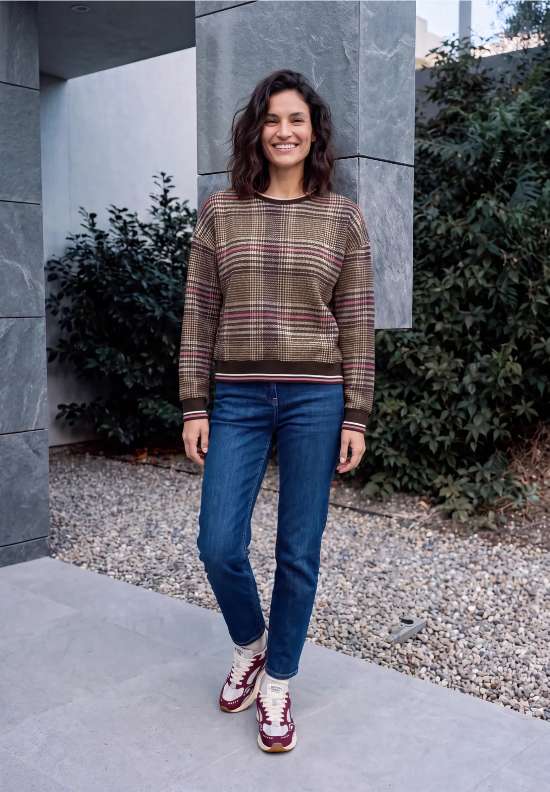 Cecil Sweatshirt met Ruit - Dark Toffee Brown