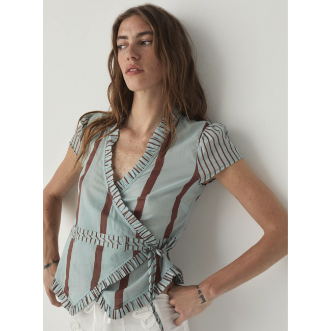 Laagam Atena Wrap Blouse Striped Turquoise