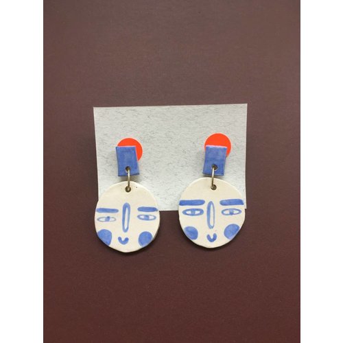 Alice Johnson Ceramic Face Earrings - White & Blue Alice Johnson Ceramic Face Earrings - White & Blue