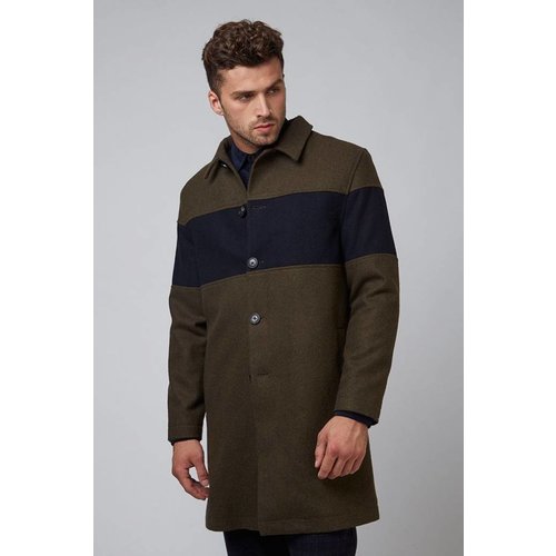 HYMN London 'WILLOW' Khaki Wool City Coat with Navy Chest Panel HYMN London 'WILLOW' Khaki Wool City Coat with Navy Chest Panel