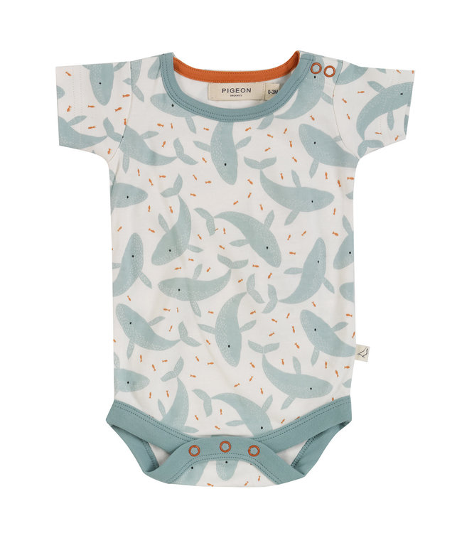 Pigeon Romper Korte Mouw GOTS Katoen Whales Turquoise