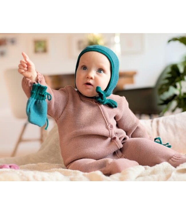 Disana Baby handschoenen met koordje gebreid GOTS Merino wol Cassis - Rose