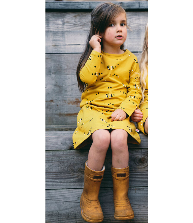 Jurk lange mouwen GOTS Katoen Dots Mustard