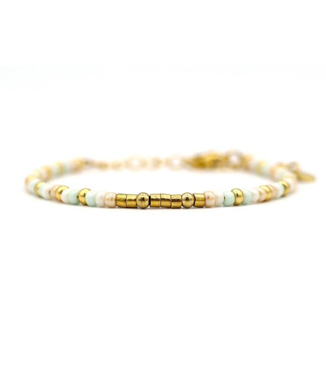 Morse code armband Mama - Miyuki kraaltjes Mint, goud
