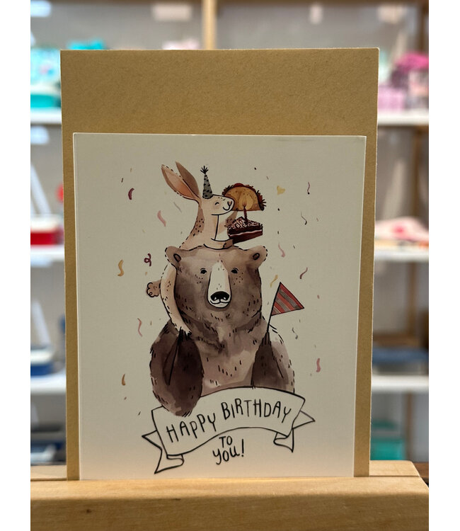 Dubbele Kaart met kraft envelop - Beer en konijn Happy Birthday to you