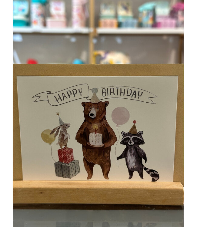 Dubbele Kaart met kraft envelop - Beer, konijn en Wasbeer Happy Birthday