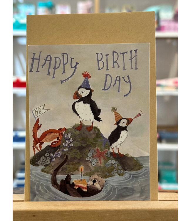 Dubbele Kaart met kraft envelop - Otter, Papegaaiduikers en Krab Happy Birthday