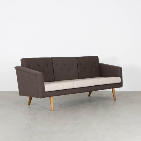 Danish 3-seater sofa reupholstered brown 2 tone oak legs