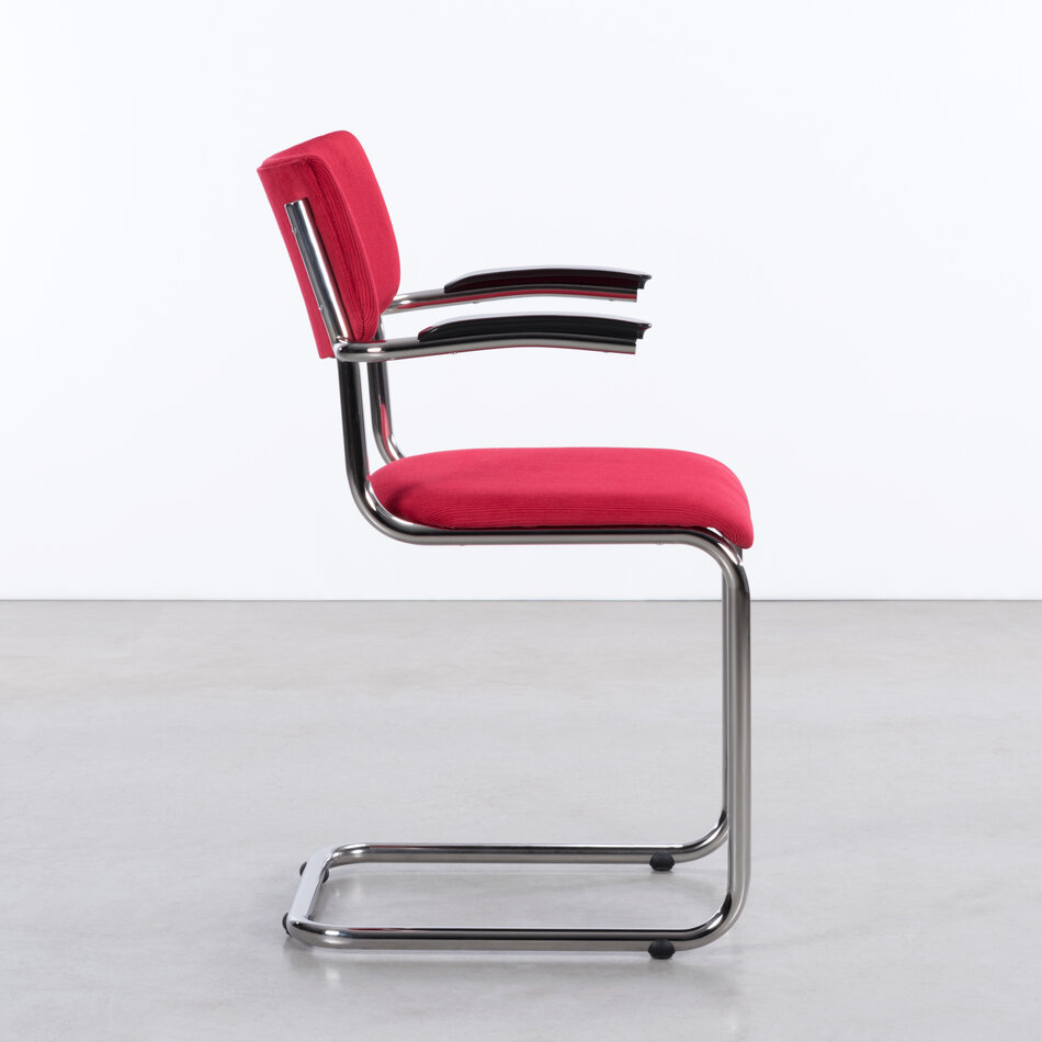 The Purmer tubular frame stool with armrests Manchester rib fabric 4 red.