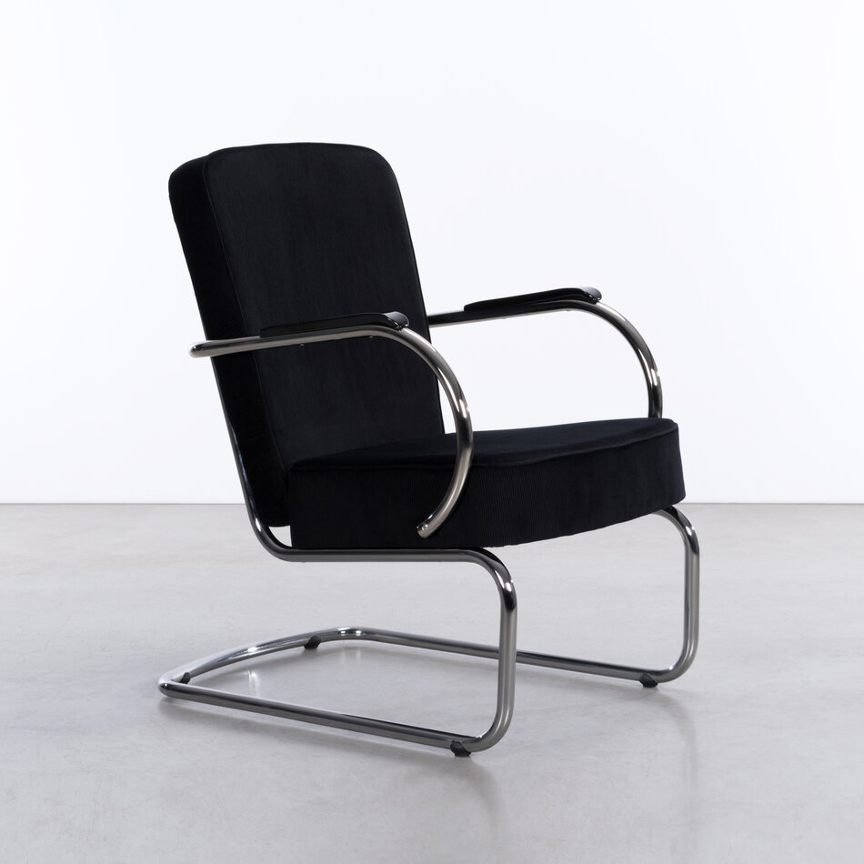 Peutie buisframe fauteuil met Manchester Ribstof 1 Zwart