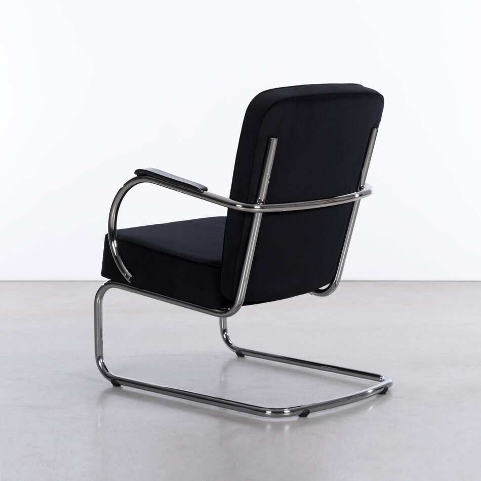 Peutie buisframe fauteuil met Manchester Ribstof 1 Zwart