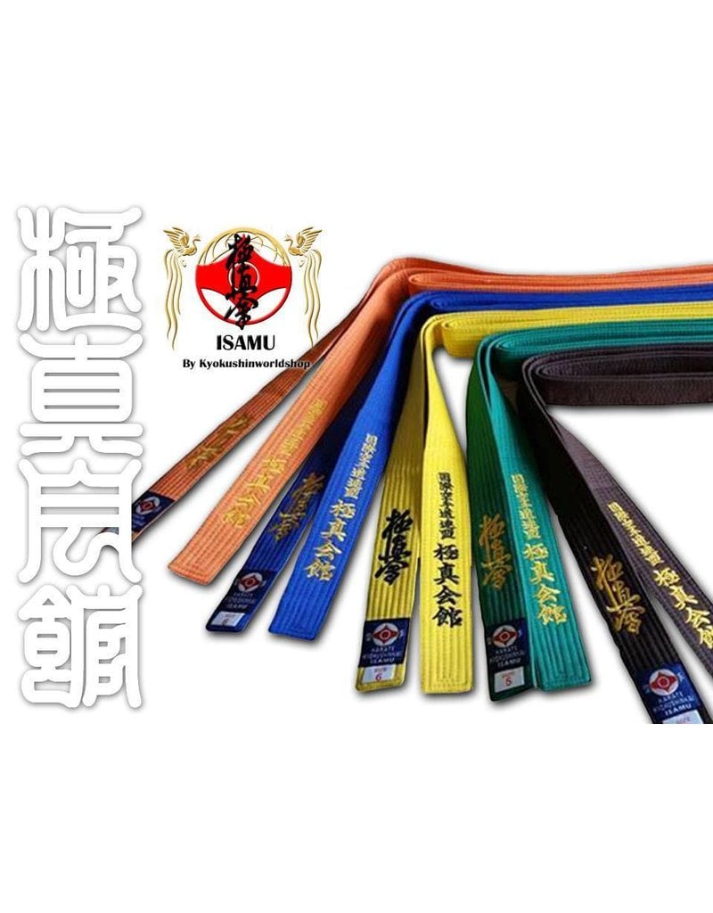 ISAMU 勇ISAMU KYOKUSHINKAI COLOR KYU BELT WITH KANJI EMBROIDERY