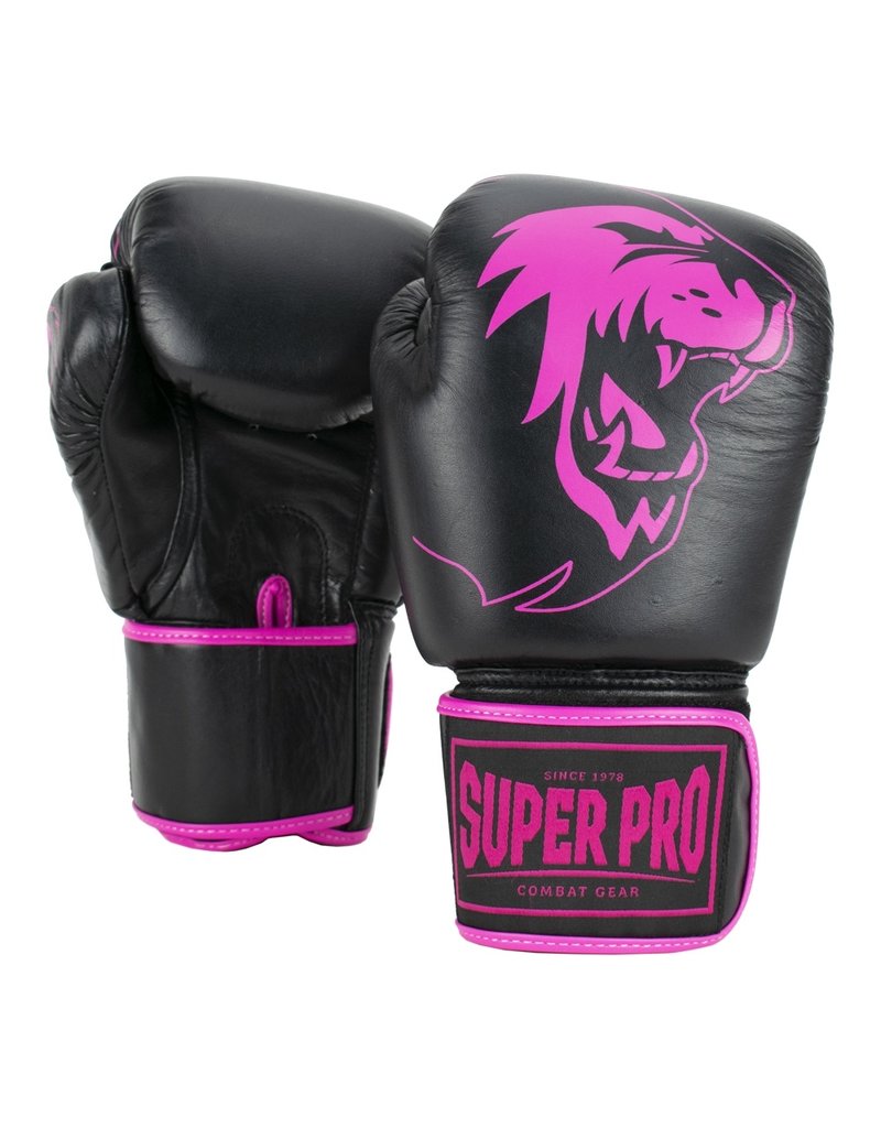 Super Pro Combat Gear Warrior KYOKUSHINWORLDSHOP gloves (kick)boxing - Black/Pink Leather