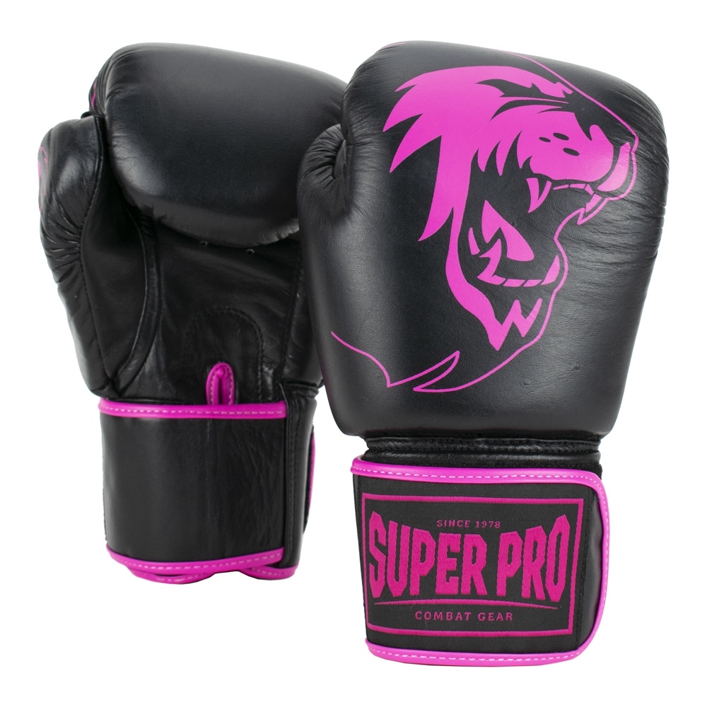 Super Pro Combat Gear Warrior (kick)boxing Leather Black/Pink KYOKUSHINWORLDSHOP gloves 