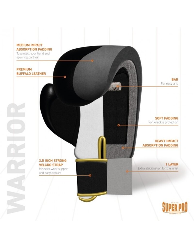 Super Pro Combat Gear Warrior - KYOKUSHINWORLDSHOP Leather gloves Black/Gold (kick)boxing