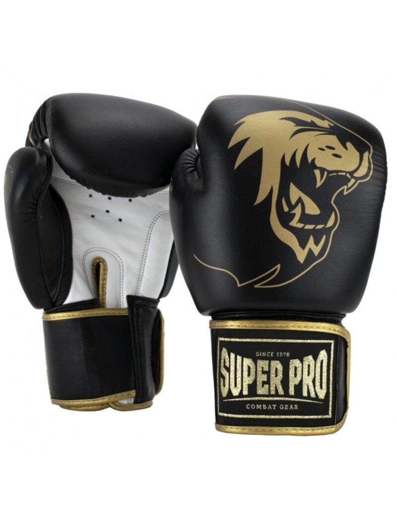Super Pro Combat Gear Warrior KYOKUSHINWORLDSHOP (kick)boxing Black/Gold Leather - gloves