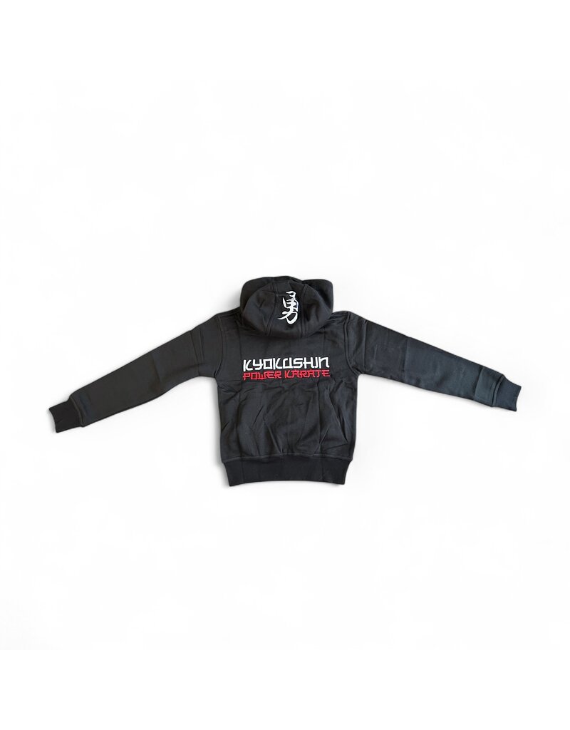 ISAMU Kyokushin Kanji XL Hoodie voor Kinderen – Zwarte Hoodie met Grote Kanji, ISAMU Borduring en Kanku Rits
