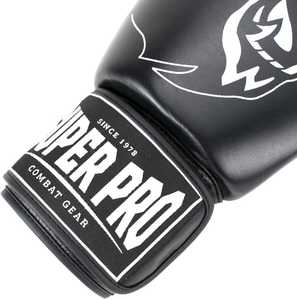 Super Pro Gear Leather Combat Warrior gloves | Black/White (kick)boxing Budoworldshop