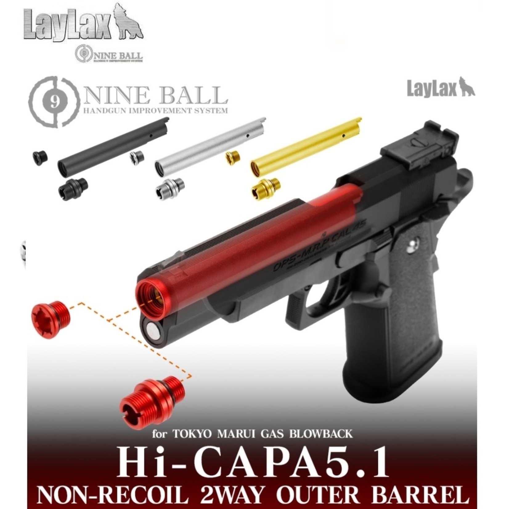 Laylax Laylax - Nine Ball - Hi-Capa 5.1 Fixed 2 Way Outer Barrel - Threaded - Red