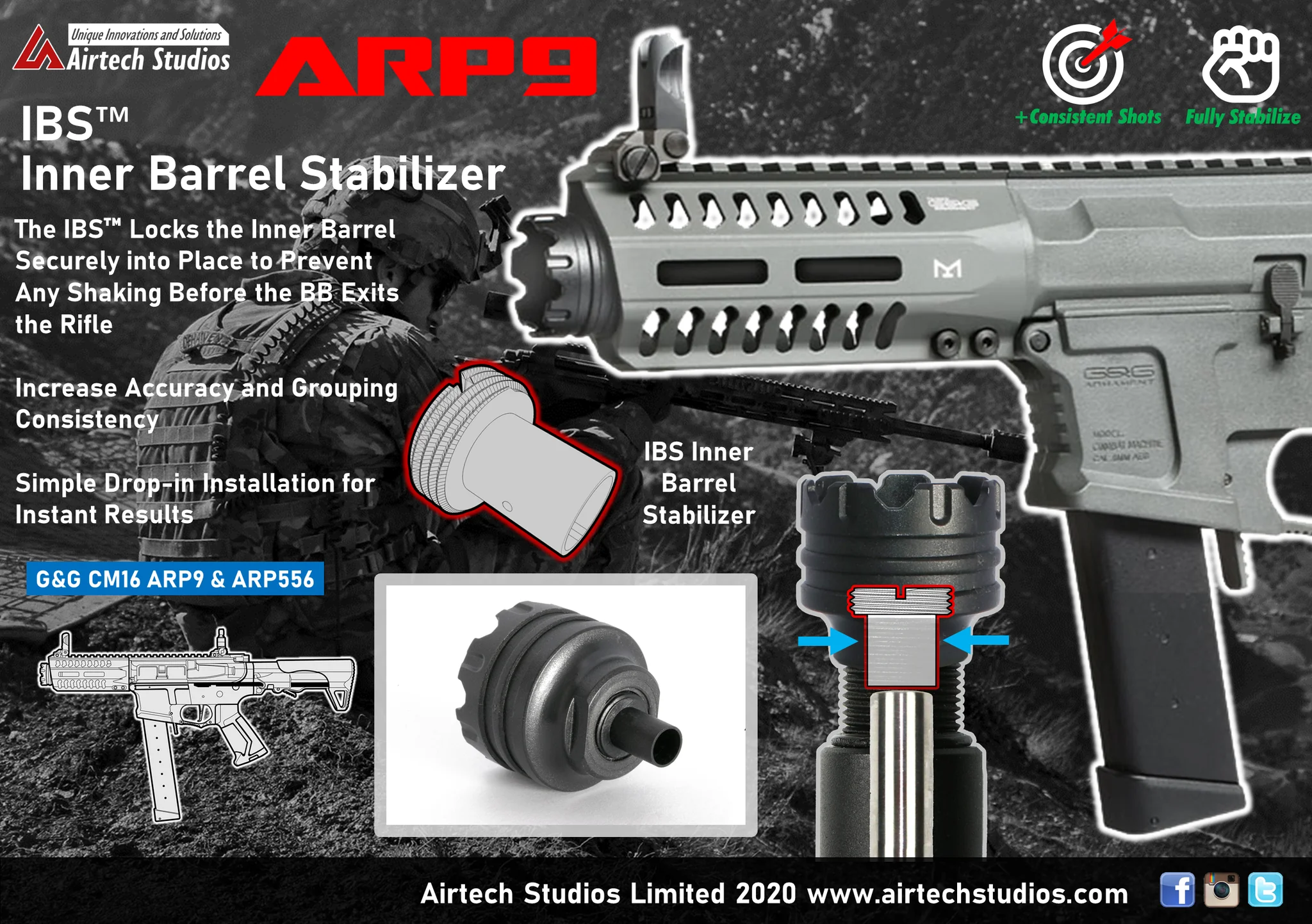 Airtech Studios Airtech Studios IBS Inner Barrel Stabilizer G&G ARP9 & 556 - Black