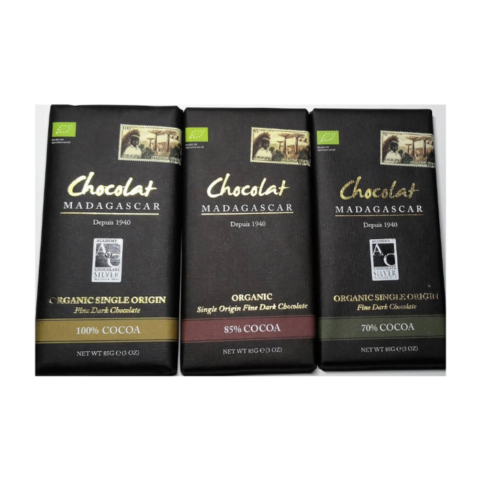 - BIO PROBE Sammlung | 100%, 85%, 70% dunkle Bio Schokolade | Chocolaterie Robert Malagasy, 3x85g