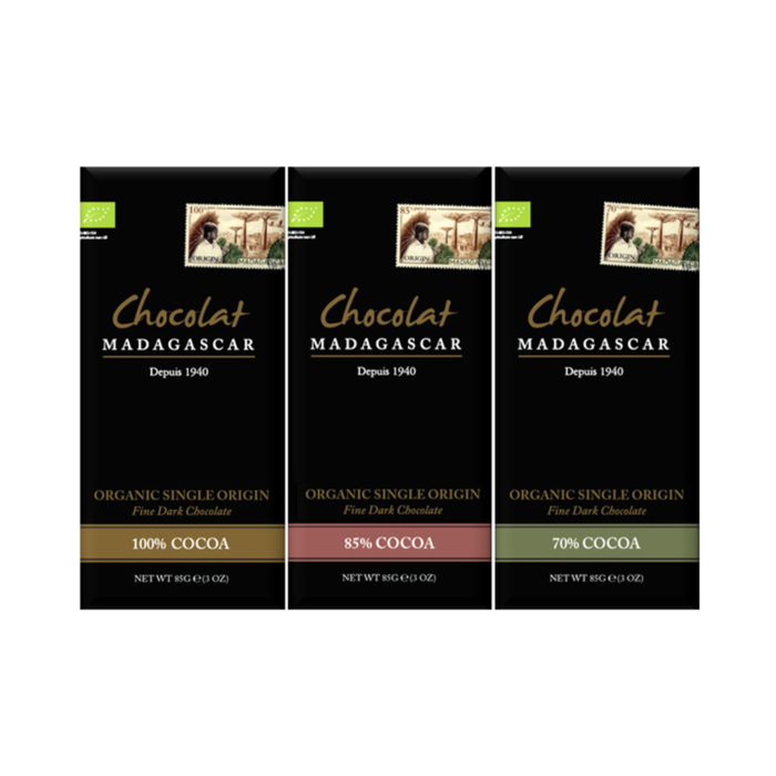 - BIO PROBE Sammlung | 100%, 85%, 70% dunkle Bio Schokolade | Chocolaterie Robert Malagasy, 3x85g
