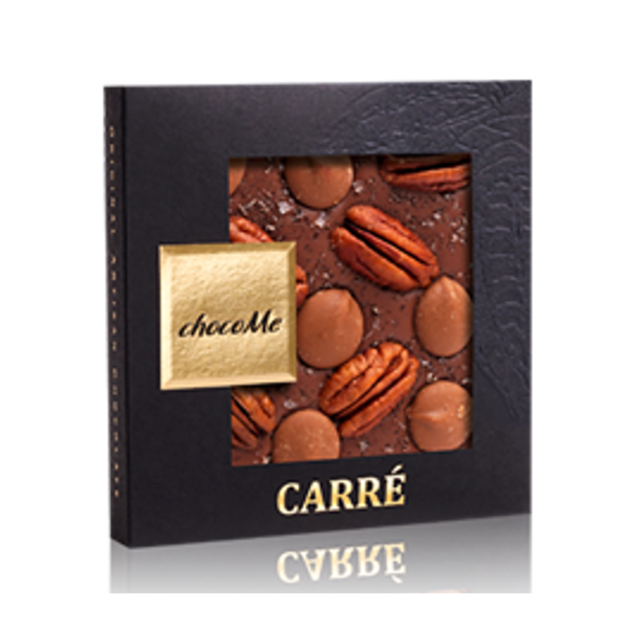 - CARRÉ | Milchschokolade 40% mit Meersalz mit Tahiti-Vanille, Pecanüsse und Schokoladepastillen mit Karamellgeschmack, 50g