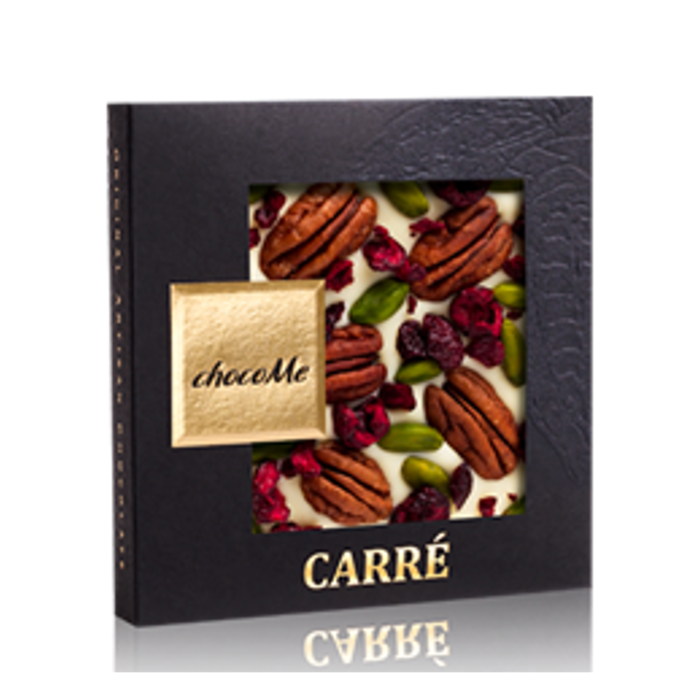 - CARRÉ | Weiße Schokolade mit Pecanüsse, Pistazien aus Bronte, gefriergetrocknete Sauerkirsch-Stücke, 50g