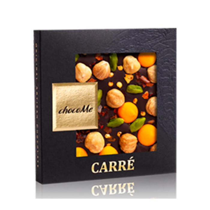 - B2B CARRÉ | Valrhona | Dunkle Schokolade 66% mit gemahlener Chili, Haselnuss aus Piemont, Pistazien aus Bronte, Schokoladentropfen mit Orangengeschmack, 50g