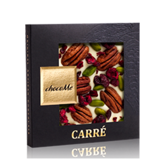 - B2B CARRÉ | Weiße Schokolade mit Pecanüsse, Pistazien aus Bronte, gefriergetrocknete Sauerkirsch-Stücke, 50g