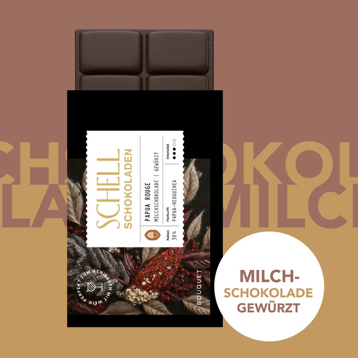 - Papua-Neuguinea Milchschokolade 38 % Kakao mit rotem Pfeffer aus Indien