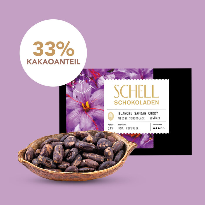 - Dominikanische Republik – Weiße Schokolade Safran Curry 33%