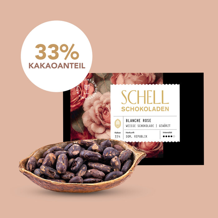 - Dominikanische Republik Weiße Schokolade 31 % – Handgefertigte Schokolade mit Rosenöl und Rosenblüten