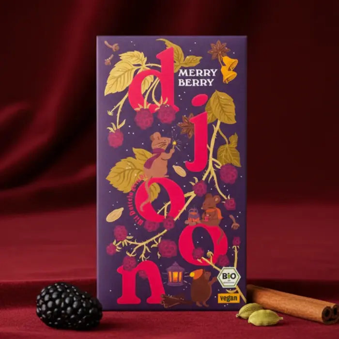 - Deutsche Bio-Dattelschokolade Merry Berry mit Brombeeren, Hibiskus & Gewürzen (70 g)