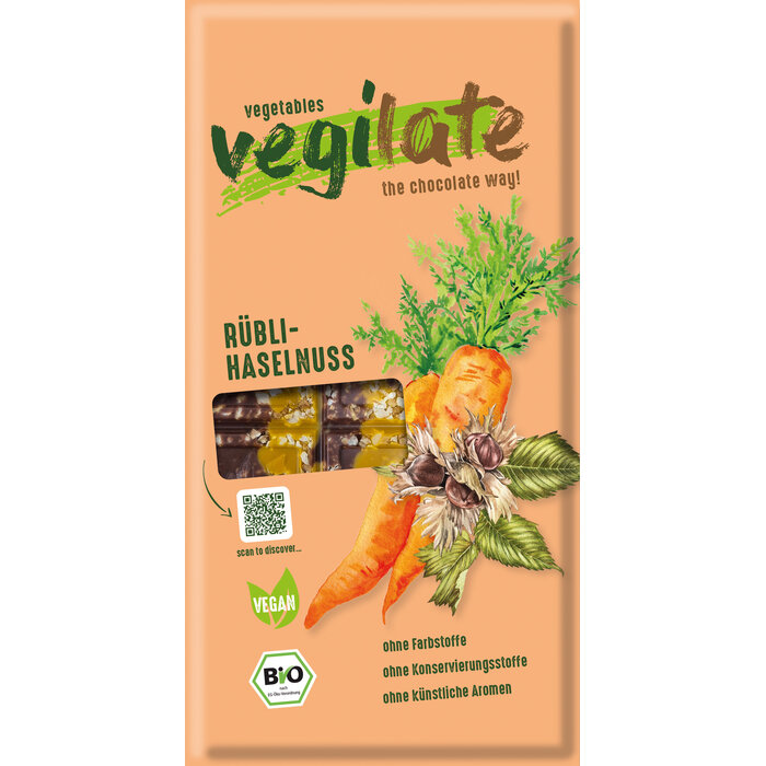 - Vegilate Rübli & Haselnuss – innovative vegane Schokolade aus Deutschland mit 49 % Kakaoanteil, Bio-Gemüse & Haselnüssen