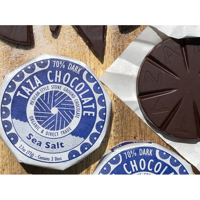 - Taza Mexicano Sea Salt Bio Schokolade aus Mexiko – 70 % dunkle Schokoladen-Discs mit Meersalz, 2 Stück