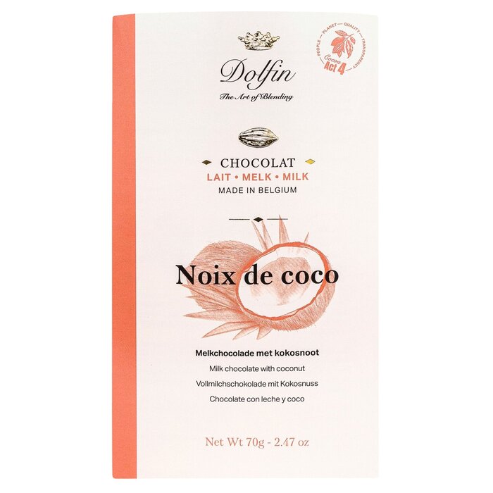 - Belgische Vollmilchschokolade mit Kokos von Dolfin – Zarte Schokolade mit exotischen Kokosraspeln, 70 g Tafel