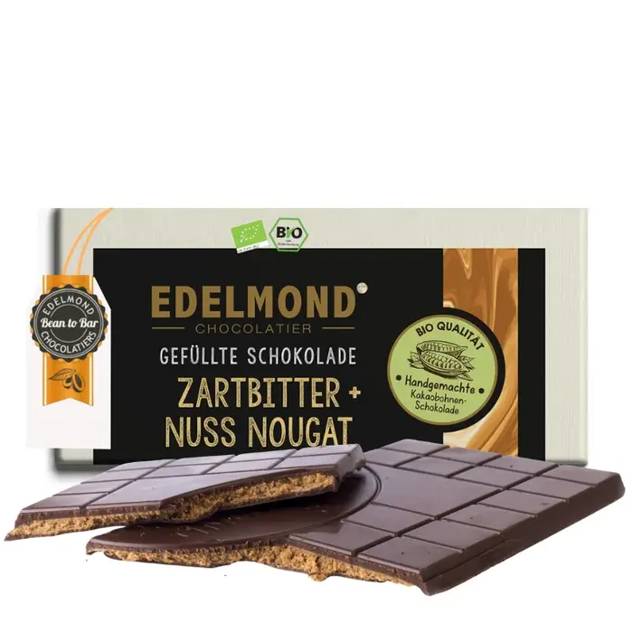 -Gefüllte Zartbitterschokolade 65% Kakao mit Haselnuss-Nougat Bio & Fair – Edelmond Chocolatiers